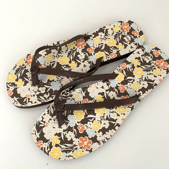 NWOB Tory Burch Soho Reverie Walnut Brown Floral Thin Flip Flops Sandal Flat 9 - Picture 8 of 11